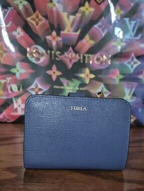 Furla Navy Saffiano Leather Compact Wallet with Gold Logo